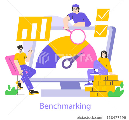 Benchmarking concept. Team analyzes performance metrics alongside best practices to improve business processes. Vector illustration. 118477396