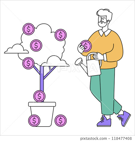 Businessman concept. Successful entrepreneur nurturing a money tree, symbolizing investment growth and financial success. Vector illustration. Businessman concept. Successful entrepreneur nurturing a money tree, symbolizing investment growth and financial success. Vector illustration. 118477408