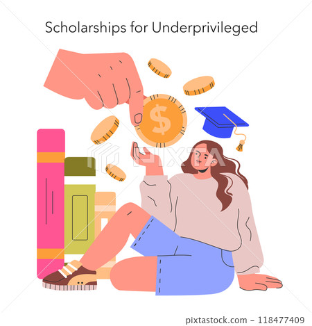 Scholarship fund concept. Illustration of financial aid for students in need with books and graduation cap symbols. Educational support, investment in future leaders. Vector illustration. 118477409