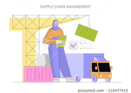 Supply Chain Management concept. Professional overseeing logistics operations with cargo and delivery truck. Efficient workflow optimization. Vector illustration. Supply Chain Management concept. Professional overseeing logistics operations with cargo and delivery truck. Efficient workflow optimization. Vector illustration. 118477410