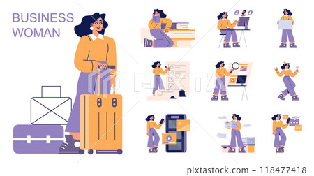Businesswoman set. Professional female in various activities from travel to presentations. Career, multitasking, and mobile connectivity themes. Vector illustration. 118477418