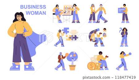Business Woman set. Diverse work activities like meeting, analysis, and strategy. Modern female empowerment in the workplace. Vector illustration. 118477419