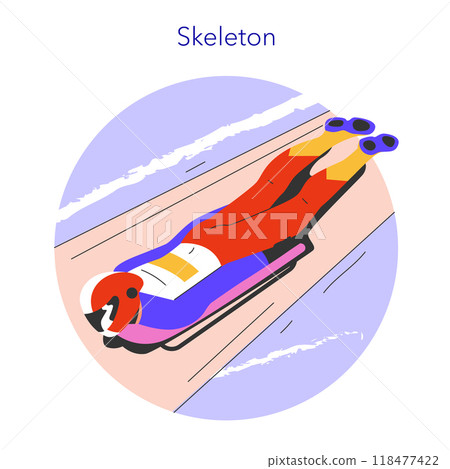 Winter sports concept. An athlete speeds down the track in a skeleton race, showcasing thrill and precision. Vector illustration. 118477422