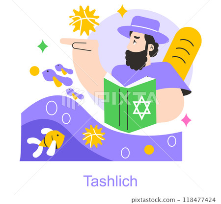 Rosh Hashanah Tashlich concept. An illustration of a Jewish man performing the Tashlich ritual, symbolizing casting off sins. Fishes, water, and festive elements. Vector illustration. Rosh Hashanah Tashlich concept. An illustration of a Jewish man performing the Tashlich ritual, symbolizing casting off sins. Fishes, water, and festive elements. Vector illustration. 118477424