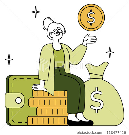 Experienced businesswoman with financial success concept. A senior professional presents economic achievement. Vector illustration. 118477426