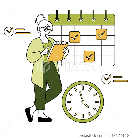 Older Businesswoman concept. A mature professional female managing her schedule efficiently. Time management and task organization. Vector illustration. 118477440