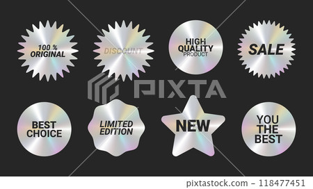 Holographic stickers logos emblem labels color set. For packaging product of promotional material. Sticker for clothes or accessories. Vector illustration. 118477451