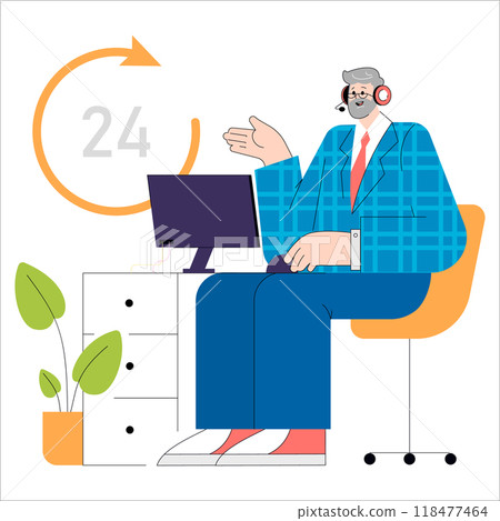 Elderly Executive Working Round the Clock concept. Senior professional in a headset indicates ongoing support. Office work, time management, and customer service. Vector illustration. 118477464