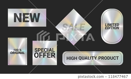 Holographic stickers logos emblem labels color set. New High quality product For packaging product of promotional material. Sticker for clothes or accessories. Vector illustration. 118477467