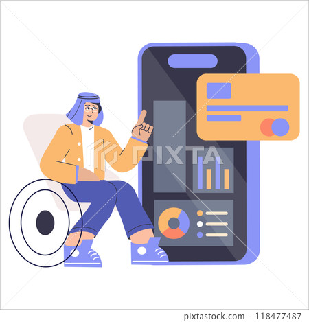 Diversity Businessman concept. An Arabian entrepreneur interacts with mobile finance analytics, representing global business inclusivity. Vector illustration. Diversity Businessman concept. An Arabian entrepreneur interacts with mobile finance analytics, representing global business inclusivity. Vector illustration. 118477487