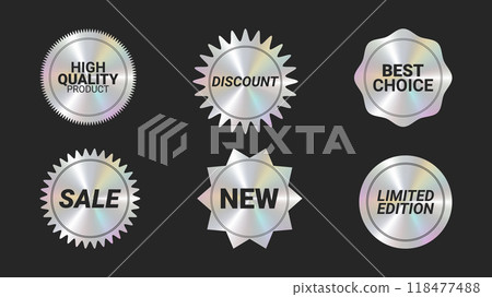 Holographic stickers logos emblem labels color set. Limited Edition New For packaging product of promotional material. Sticker for clothes or accessories. Vector illustration. Holographic stickers logos emblem labels color set. Limited Edition New For packaging product of promotional material. Sticker for clothes or accessories. Vector illustration. 118477488