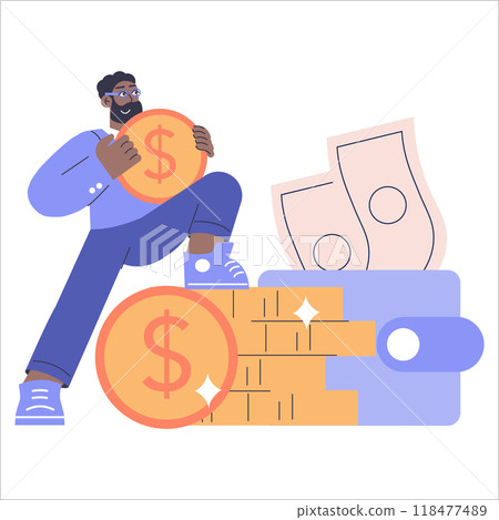 Diverse businessman concept. Professional man with currency, representing financial success and investment. Commerce growth, economic diversity, and fiscal stability. Vector illustration. Diverse businessman concept. Professional man with currency, representing financial success and investment. Commerce growth, economic diversity, and fiscal stability. Vector illustration. 118477489