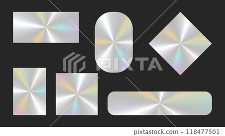 Holographic stickers logos emblem labels color set. Empty template. For packaging product of promotional material. Sticker for clothes or accessories. Vector illustration. Holographic stickers logos emblem labels color set. Empty template. For packaging product of promotional material. Sticker for clothes or accessories. Vector illustration. 118477501