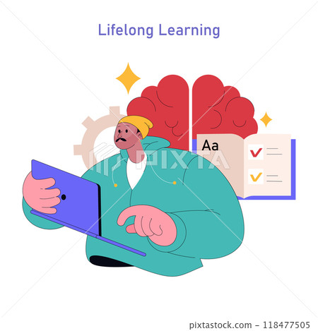 Lifelong Learning concept. An adult engaged in continuous education with digital tablet and symbolic imagery of brain and checklist. Vector illustration. 118477505