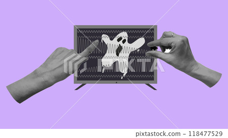 Halloween halftone collage set hands. Cut paper. Hand gestures. Ghost comes out of TV. Effect cut paper from newspaper. Modern design banner poster festive party advertising materials. Vector. 118477529