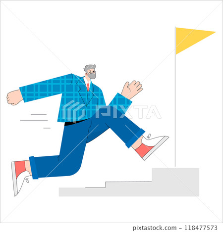 Experienced businessman running towards success, ascending stairs with determination. Illustration of career growth and goal achievement. Vector illustration. 118477573