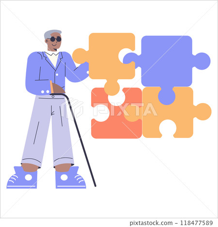 Inclusive business strategy concept. A modern businessman assembling colorful puzzle pieces. Diverse corporate teamwork and problem-solving. Vector illustration. Inclusive business strategy concept. A modern businessman assembling colorful puzzle pieces. Diverse corporate teamwork and problem-solving. Vector illustration. 118477589