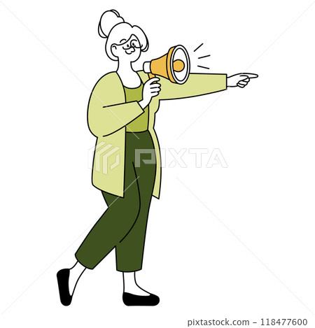 Senior businesswoman concept. Confident older woman in business attire using a megaphone to announce. Leadership and communication in the workplace. Vector illustration. 118477600