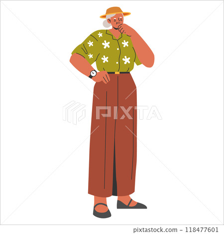 Confident businesswoman concept. A modern entrepreneur standing poised and thoughtful. Professional attire and focused expression. Vector illustration. 118477601