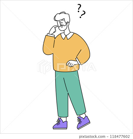Pensive businessman vector concept. A man in casual clothes with questions symbols above his head, signifying deep thought or confusion. Vector illustration. 118477602