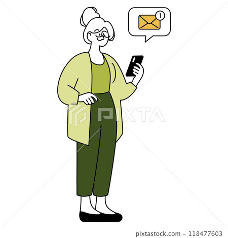 Older Businesswoman concept. A mature professional woman checks an email on her smartphone, experiencing connectivity. Illustration of modern communication. Vector illustration. Older Businesswoman concept. A mature professional woman checks an email on her smartphone, experiencing connectivity. Illustration of modern communication. Vector illustration. 118477603