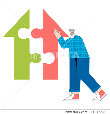 Experienced businessman connecting puzzle pieces in a metaphor for problem-solving and strategy. Leadership and solutions. Vector illustration. 118477610