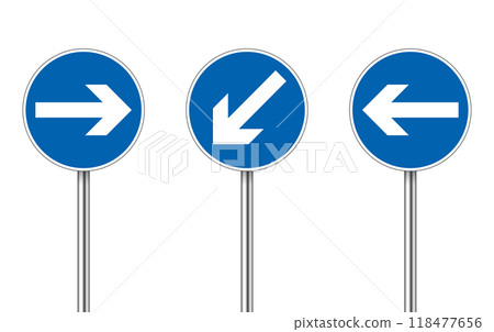 blue circle road signs with arrows pointing in different directions. Vector illustration blue circle road signs with arrows pointing in different directions. Vector illustration 118477656