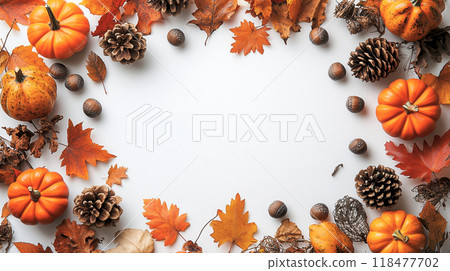 Background made of pumpkins and autumn leaves 118477702