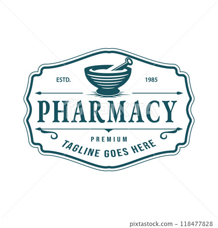 Pharmacy Label Design Classic Retro Vintage Style with Bowl and Traditional Mashing Utensil Icon Premium Pharmacy Vector Design Illustration 118477828