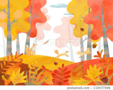 A cute illustration of a landscape with Scandinavian flags, stylish autumn plants, and a fox parent and child on a white background vector frame A cute illustration of a landscape with Scandinavian flags, stylish autumn plants, and a fox parent and child on a white background vector frame 118477896