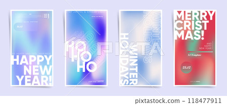 Neon Christmas and New Year Stories Pack: Gradient backgrounds, holographic frames, and festive designs for holiday sales, music events, and posts. Vertical templates. 118477911