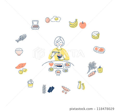 吃健康食品和不同食物的婦女 118478029