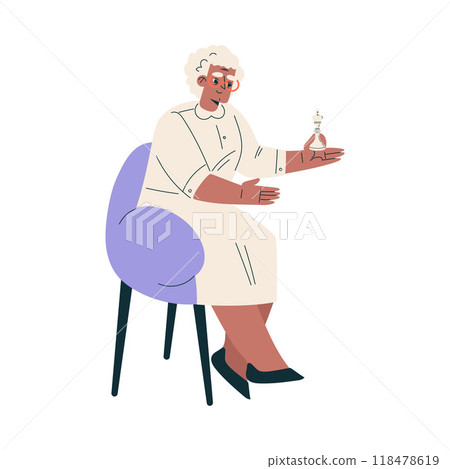 Senior Woman Character Sit on Armchair Play Chess Vector Illustration 118478619