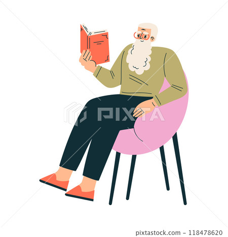 Senior Bearded Man Character Sit on Chair Read Book Vector Illustration 118478620
