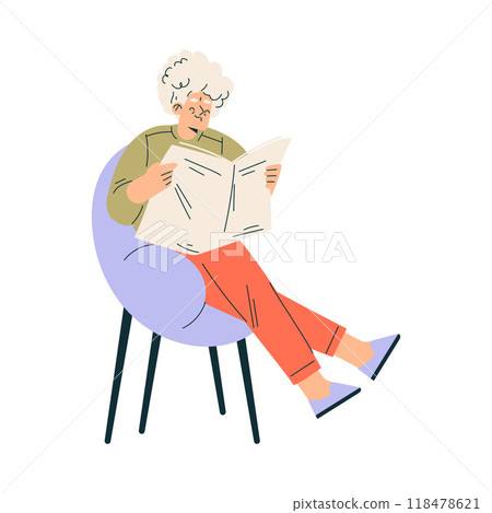 Senior Woman Character Sit on Chair Reading Newspaper Vector Illustration 118478621