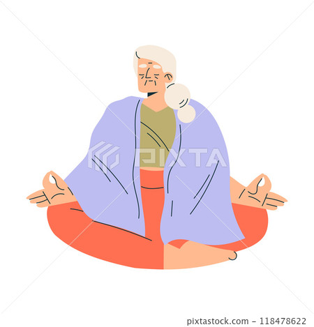 Senior Woman Character Sit in Yoga Pose Do Exercise Vector Illustration 118478622
