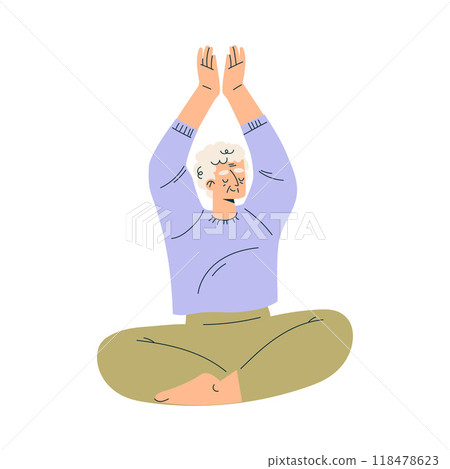 Senior Man Character Sit in Yoga Pose Do Exercise Vector Illustration 118478623