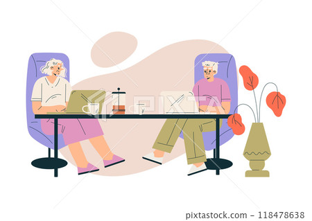 Nursing Home with Retired Man and Woman Character Sit at Laptop at Desk Vector Illustration 118478638