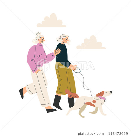 Nursing Home with Retired Woman Friend Character Walking Dog Together Vector Illustration 118478639