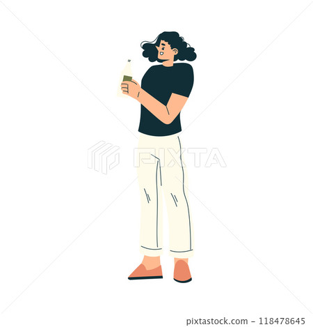 Woman at Musical Festival Stand with Drink in Bottle Have Rest Vector Illustration Woman at Musical Festival Stand with Drink in Bottle Have Rest Vector Illustration 118478645