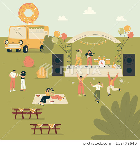 Musical Festival with People Dance and Listen to Music Outdoor Vector Illustration Musical Festival with People Dance and Listen to Music Outdoor Vector Illustration 118478649
