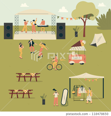 Musical Festival with People Dance and Listen to Music Outdoor Vector Illustration 118478650