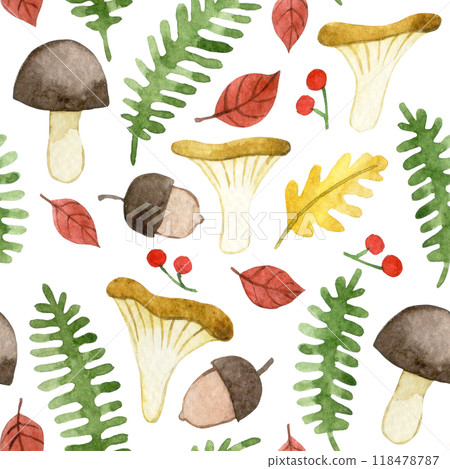 watercolor seamless pattern with forest plants and mushrooms. cute autumn print, cartoon watercolor seamless pattern with forest plants and mushrooms. cute autumn print, cartoon 118478787