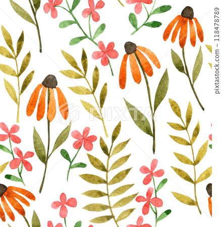 watercolor seamless pattern with autumn dry flowers and leaves. boho 118478789