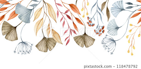 watercolor seamless border with autumn dry flowers and leaves. boho femme 118478792