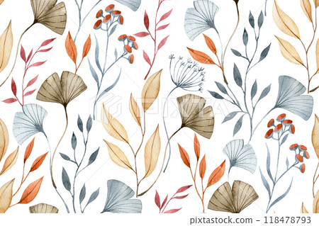 watercolor seamless pattern with autumn dry flowers and leaves. boho 118478793