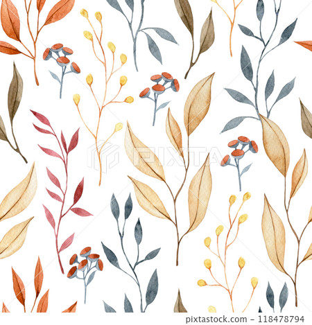 watercolor seamless pattern with autumn dry flowers and leaves. boho 118478794