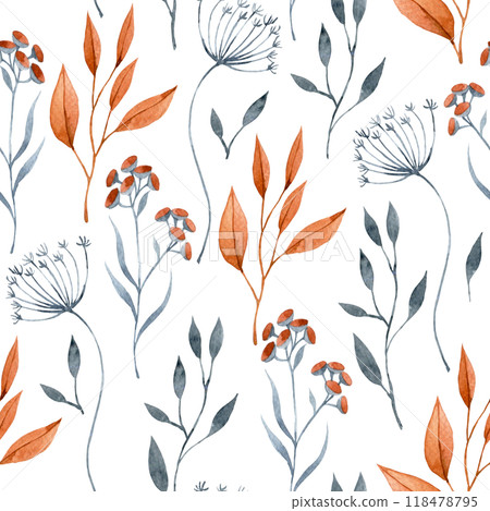 watercolor seamless pattern with autumn dry flowers and leaves. boho 118478795