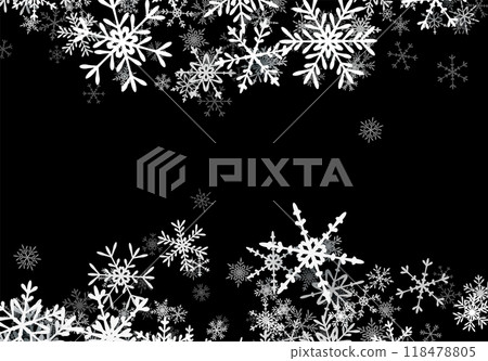 Christmas background with falling snowflakes. Winter holiday background or frame with pattern of layered snow. 118478805