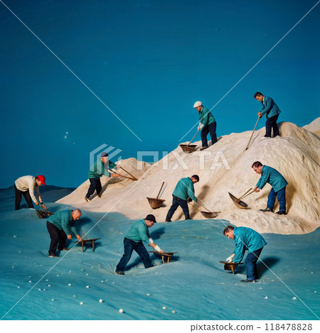 Miniature workers labor on surreal salt mounds 118478828